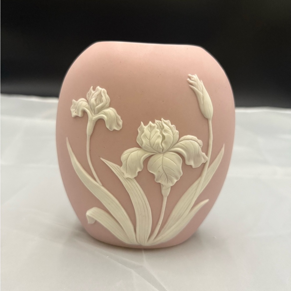 Vintage 20th Pink Bisque Porcelain White Floral Cameo Vase Art Nouveau Style